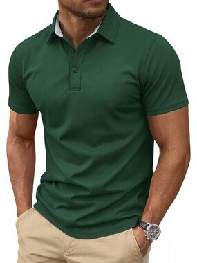 Men's Dark Green Cotton Pique Polo Shirt Short Sleeve 3 Button Classic Fit Golf